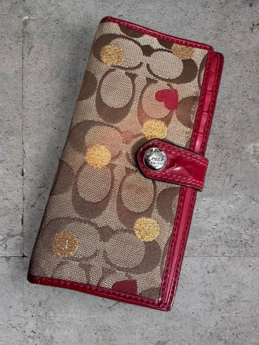 Coach Vintage Y2K brown bifold wallet with gold and red heart  accents